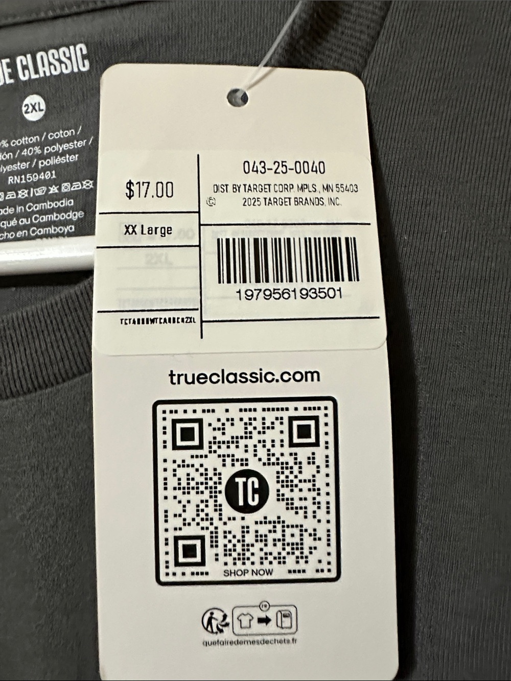 True Classic Men’s Crew Neck Short Sleeve Tee in Charcoal Gray - Picture 4 of 4